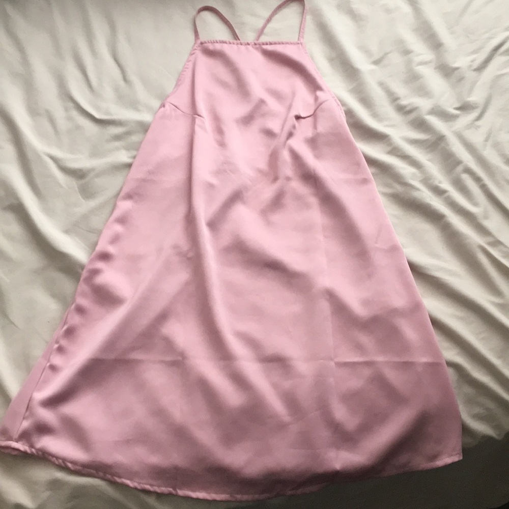 Halter open back pink silky slip dress